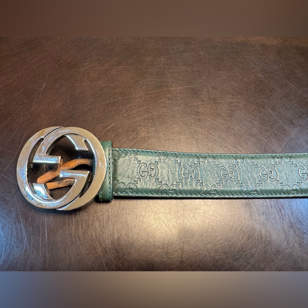 Authentic Gucci GG Supreme Logo Leather Belt Green Size 95 / US 38 - Picture 5 of 11